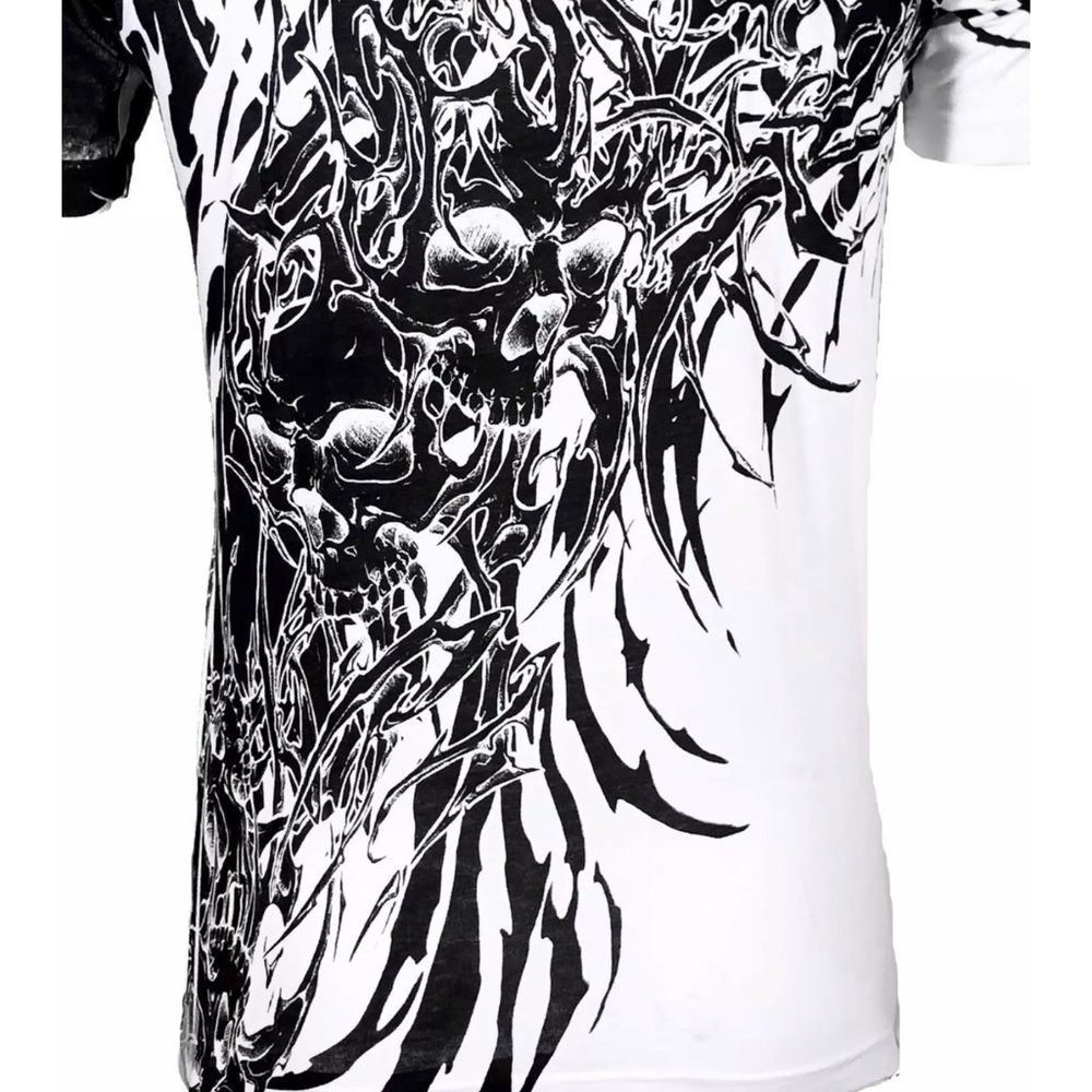 Xtreme Couture Affliction Men's T-Shirt BRUTAL COMBAT White Skull Biker Tattoo - Picture 8 of 8